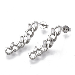 Платинированный Серьги-гвоздики с цирконом из латуни, с уха орехов, Снаряженная цепь, без никеля , Реальная платина, 28x6 мм, штифты : 0.8 мм