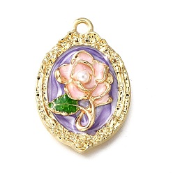 Лиловый Подвески из эмали и сплава, с ABS имитации жемчуга, овальные с цветком, стойки покрытие, долговечный, без свинца, без кадмии и без никеля, золотые, сирень, 31x21x6 мм, отверстие : 2.2 мм