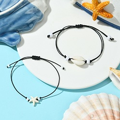 Mixed Shapes 2шт. браслеты из полиэфирной нити, плетеные, звезда и раковина, с синтетической бирюзой и натуральными бусинами из ракушек каури и стеклянными бусинами, разнообразные, внутренний диаметр: 2-1/8~3-3/8 дюйм (5.5~8.5 см)