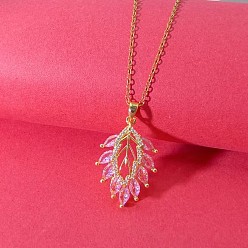 Pink Brass Pave Clear Cubic Zirconia Leaf Pendant 201 Stainless Steel Cable Chain Necklaces for Women, Ion Plating(IP), Real 18K Gold Plated, Pink, 15.75 inch(40cm)