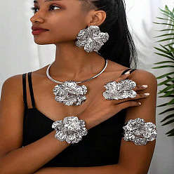 Платина Ожерелья-чокеры из цветочного сплава, серьги-гвоздики, браслеты-манжеты и наборы браслетов на руку, платина, 130мм & 80мм & 60мм & 80x80мм & 18мм