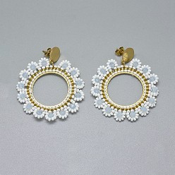 Белый Серьги из бисера ручной работы плетеные из стекла, с 304 выводами из нержавеющей стали и ушными гайками / серьгой назад, цветок, золотые, белые, 54 мм , штифт: 0.6 мм