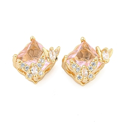 Pink Покрытие стойки латунь микропаве прозрачные кубические циркониевые бусины, долговечный, без свинца и без кадмия, Ромб с бабочкой, реальный 14 k позолоченный, розовые, 12x11x9 мм, отверстие : 1.8 мм