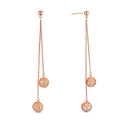 Rose Gold Brass Cubic Zirconia Dangle Stud Earrings, with Curb Chains and Hollow Round Beads, Rose Gold, 76mm