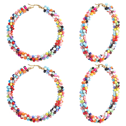 Разноцветный 2 пары 304 серьги-кольца из нержавеющей стали, серьги-кольца с бусинами, со стеклянными бисеринами, золотые, красочный, 66x70x8 мм, штифты : 0.7x1 мм