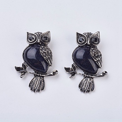 Камень с Пылевым Золотом Gemstone подвеска, со сплавочной фурнитурой и стразами, сова, 50x35x7.5~9 мм, отверстие : 5x8 мм