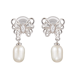 Платина Натуральные жемчужные ушные шпильки, с прозрачным серебром микропаве и фурнитурой из прозрачного кубического циркония, бабочки и овальные, платина, 21x12 мм