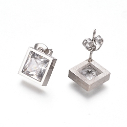 Clear Cubic Zirconia Stud Earrings, with 304 Stainless Steel Findings, Square/Rhombus, Clear, 12.2x12.2mm, Pin: 0.6mm, 6pairs/card