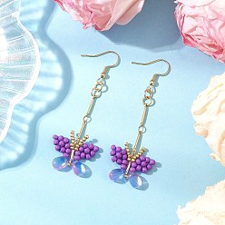 Фиолетовый Серьги-подвески в виде бабочки из стеклянного бисера ручной работы, золотые, фиолетовые, 67x22~24.5 мм