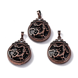 Обсидиан Природные подвески обсидиана, плоские круглые латунные подвески, без свинца и без кадмия, 34.5x27x8 мм, отверстие : 6.5x5 мм