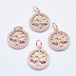 Real Rose Gold Plated Brass Micro Pave Cubic Zirconia Charms, Long-Lasting Plated, Lead Free & Nickel Free & Cadmium Free, Flat Round with Tree, Real Rose Gold Plated, 14.5x12x2.5mm, Hole: 3mm