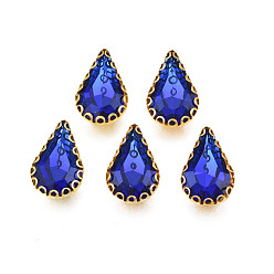 Medium Blue Sew on Rhinestone, Transparent Glass Rhinestones, with Iron Prong Settings, Faceted, Teardrop, Medium Blue, 13.5x8.5x5mm, Hole: 0.9mm