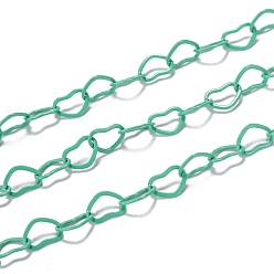 Dark Turquoise Spray Painted Brass Heart Link Chains, Soldered, with Spool, Dark Turquoise, 6x4.5x0.5mm, 32.8 Feet(10m)/roll