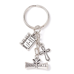 Book Tibetan Style Alloy Keychain, with Iron Split Key Rings, Ruler/Book, Book, 6.5cm, Pendants: 13~19.5x11.5~21.5x2~6mm