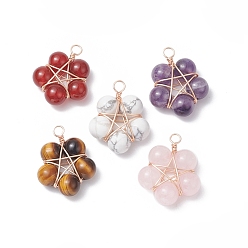 Mixed Stone Brass Wire Wrapped Natural Gemstone Pendants, Star Charm, 26.5~28x21~22x8.5mm, Hole: 3.2mm