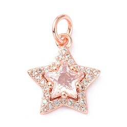 Rose Gold Brass Cubic Zirconia Charms, with Jump Ring, Long-Lasting Plated, Lead Free & Cadmium Free, Star, Real Rose Gold Plated, 13.5x11.5x4.5mm