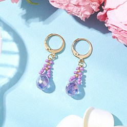 Средняя Орхидея Серьги из стеклянных бусин с застежкой-молнией, с 304 фурнитурой для сережек из нержавеющей стали и стеклянной каплевидной подвеской, золотые, средне орхидеи, 33~34x8 мм