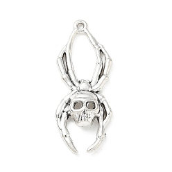 Antique Silver Tibetan Style Alloy Pendants, Spider with Skull Charms, Antique Silver, 40x16x6mm, Hole: 1.5mm