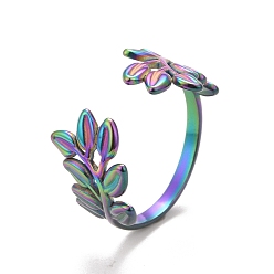 Rainbow Color Ion Plating(IP) Rainbow Color 304 Stainless Steel Leaf Open Cuff Ring for Women, US Size 6 1/2(16.9mm)