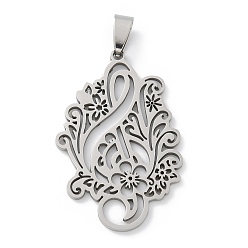 Нержавеющая Сталь Цвет 201 подвески из нержавеющей стали, музыкальная нота с цветочным шармом, лазерная резка, анти-тускнение, цвет нержавеющей стали, 44x29x1.5 мм, отверстие : 7.5x4.5 мм