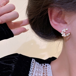 Flower Alloy Stud Earring, with Sterling Silver Pin, Plastic Bead and Rhinestone, Flower, 22mm