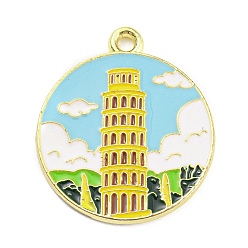 Небесно-голубой Подвески из эмали и сплава, золотые, плоские круглые со строительной рисунком, голубой, 27x22x1.5 мм, отверстие : 1.8 мм