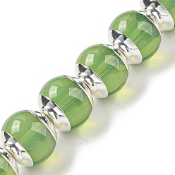 Green Glass Beads, with Platinum Tone Brass Ends, Round, Green, 10~10.5x9~9.5mm, Hole: 1.2mm, about 30pcs/strand, 11.02 inch~11.42 inch(28~29cm)