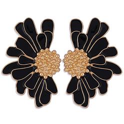 Черный Винтажные серьги-гвоздики с цветком для женщин, серьги-гвоздики с полуцветками и эмалью из сплава, Летние серьги в стиле бохо, пляжные серьги-гвоздики с цветочным принтом, ювелирные подарки для женщин, чёрные, 50.5~51x33.5~34 мм, штифты : 0.6 мм