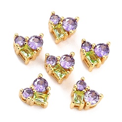 Настоящее золото 18K Латунь кубического циркония многожильных ссылки, долговечный, сердце, реальный 18 k позолоченный, 8x8x5 мм, отверстие : 1 мм