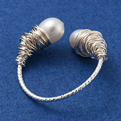 Silver Natural Pearl Cuff Ring, Brass Wire Wrap Finger Ring, Silver, US Size 6 3/4(17.1mm)