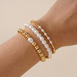 Настоящее золото 18K 3шт. 3 Браслеты из латуни и пластика с круглыми бусинами, имитирующими жемчуг, эластичные, для женщин, реальный 18 k позолоченный, 6.89 дюйм (17.5 см)