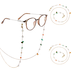 Смешанные камни 2Цепочки из сплава и натуральных драгоценных камней для очков, с застежками-клешнями и резиновыми петлями на концах, 750 мм