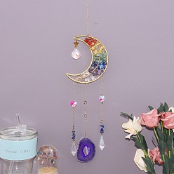 Смешанные камни Ловец солнца в форме луны, обмотанный медной проволокой из натуральной смеси каменной крошки., Декоративное украшение для окна из стекла и среза агата для дома., 580x38x8 мм