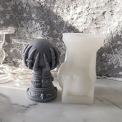 White Halloween Theme DIY Candle Silicone Molds, Resin Casting Molds, For UV Resin, Epoxy Resin Jewelry Making, Hand with Round & Skull, White, 140x88x84mm, Inner Diameter: 71mm