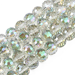 Light Green Electroplate Transparent Glass Beads Strands, Faceted, Round, Light Green, 10x9mm, Hole: 1.5mm, about 68~70pcs/strand, 24.4~25.19 inch(62~64cm)