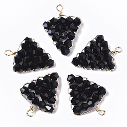 Black Glass Pendants, Wire Wrapped Pendants, with Real 18K Gold Plated Brass Wires, Nickel Free, Grape, Black, 21x16x3.5mm, Hole: 2mm