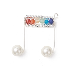 Смешанные камни Граненые круглые подвески из натуральных смешанных камней, подвески в виде музыкальных нот, обмотанные медной проволокой., с жемчугом из раковины , серебряные, 40x39x10.5 мм, отверстие : 2 мм