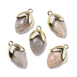 Солнечный Камень Подвески из натурального солнечного камня, с золотой латуни нахождения, подвески в форме клубники, граненые, 19.5x12x6.5 мм, отверстие : 1.6 мм