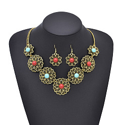 Античное Золото Комплект из ожерелья и сережек с подвеской из искусственной бирюзы в виде цветка, сплав ювелирных изделий, античное золото , 560 мм