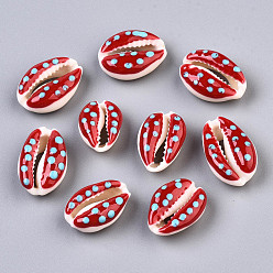 Dark Red Natural Cowrie Shell Beads, with Enamel Polka Dot Pattern, No Hole/Undrilled, Dark Red, 16~19x10~12.5x7mm