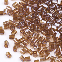 Saddle Brown Grade A Glass Seed Beads, Hexagon(Two Cut), Transparent Colours Lustered, Saddle Brown, 1.5~2.5x1.5~2mm, Hole: 0.8mm, about 2100pcs/bag, 450g/bag