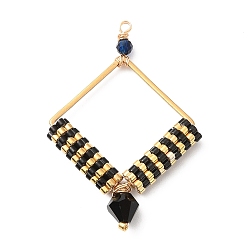 Black Glass Seed Beaded Pendants, Copper Wire Wrapped, with  201 Stainless Steel Frame, Rhombus Charm, Black, 41x29x5mm, Hole: 1.6mm