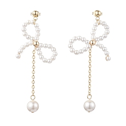 Golden Pearl Pendants Earrings, with 304 Stainless Steel Finding, Bowknot, Golden, 68x32mm