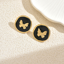 Черный Плоские круглые серьги-гвоздики из нержавеющей стали с бабочками, золотые, чёрные, 23.3 мм