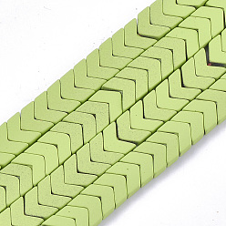 Yellow Green Spray Painted Non-magnetic Synthetic Hematite Beads Strands, Matte Style, Arrow/Chevron, Yellow Green, 7x8x3mm, Hole: 0.7mm, about 96pcs/strand, 15.9 inch