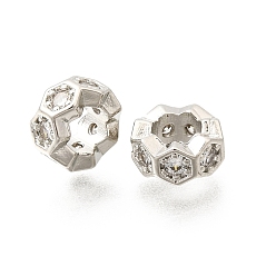Платина Шестиугольные латунные микропаве прозрачные кубические цирконии европейские бусины, рондель, колесо, бусины с большими отверстиями, стойки покрытие, долговечный, без свинца и без кадмия, платина, 8x4 мм, отверстие : 4.4 мм