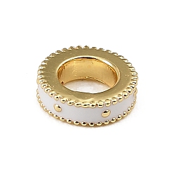 Blanc Laiton émail perles européennes, Perles avec un grand trou   , rondelle, crémaillère plaquage, plaqué longue durée, sans cadmium et sans plomb, réel 18 k plaqué or, blanc, 9.5x3mm, Trou: 5mm