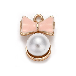 Peachpuff Emaille Anhänger Legierung, mit Kunstharzperle, Runde mit Bowknot, Licht Gold, peachpuff, 20x14x12.5 mm, Bohrung: 2.5 mm