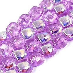 Orchid Electroplate Transparent Glass Beads Strands, Beans, AB Color Plated, Half Plated, Orchid, 10.5~11x11~11.5x7~7.5mm, Hole: 0.9~0.1mm, about 59~60pcs/strand, 25.20~25.59 inch(64~65cm)