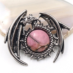 Rhodonite Natural Rhodonite Pendants, Dragon Charms, Antique Silver, 47x40mm